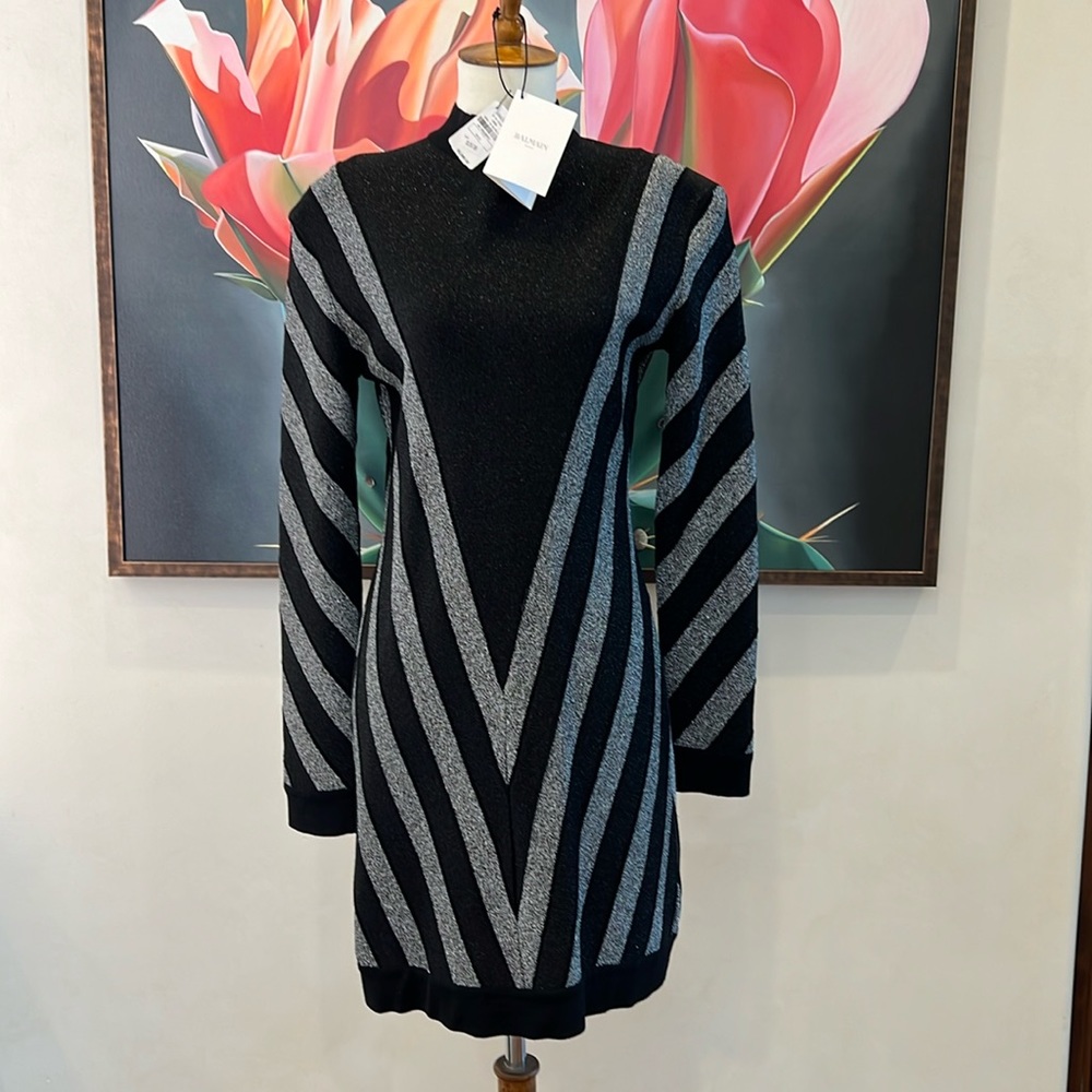 Balmain Paris Chevron Stripe Lurex Cocktail LS Dress